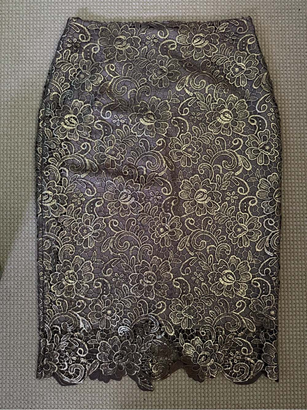 Elegant Taupe and Gold Lace Pencil Skirt